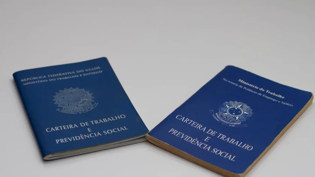 Duas carteiras de trabalho azuis sobre uma mesa branca